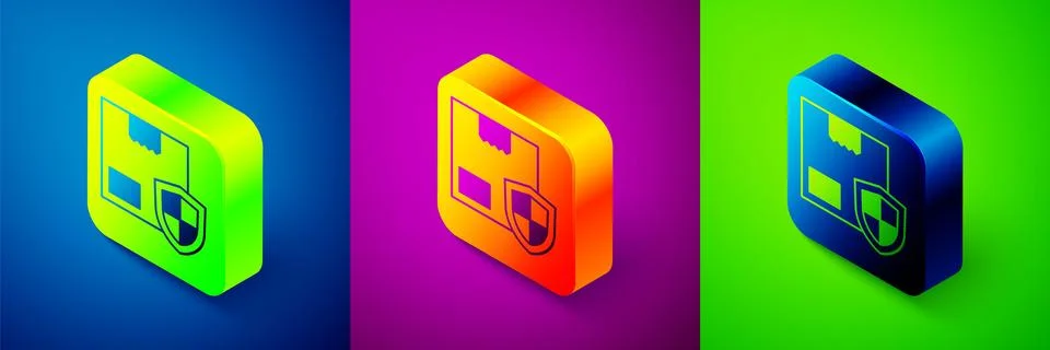 Isometric Delivery security with shield icon isolated on blue, purple and green Stock Illustration