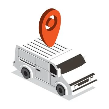 Isometric delivery van with red location pin. Cargo transport, courier, and.. イラスト素材