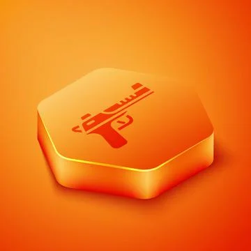 Isometric Desert eagle gun icon isolated on orange background. Orange hexagon 스톡 일러스트