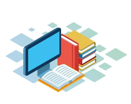 Isometric design of computer and books Stockillustratie