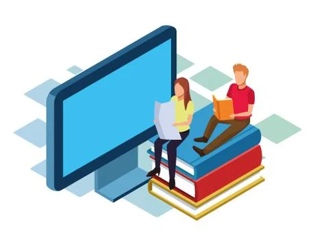 Isometric design of computer and man and woman sitting on stack of books Stockillustratie