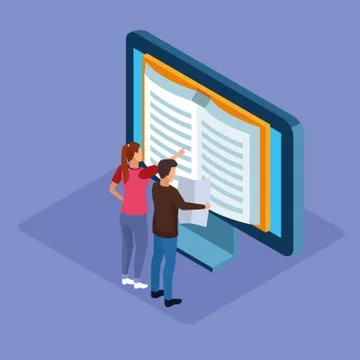 Isometric design of computer with book on screen and man and woman standing Stockillustratie
