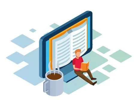 Isometric design of computer, coffee mug and man sitting and reading a book Stock Illustration