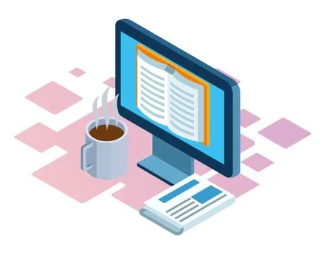 Isometric design of computer, coffee mug and newspaper Illustrazione stock