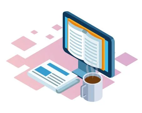 Isometric design of computer, newspaper and coffee mug Stockillustratie