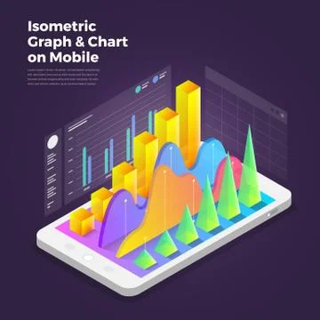 Isometric design concept mobile application analytics tools. Vector illustrat Stock Illustration