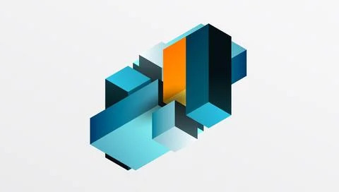 Isometric design features stacked blocks. Blue, orange hues create depth, Stockillustratie