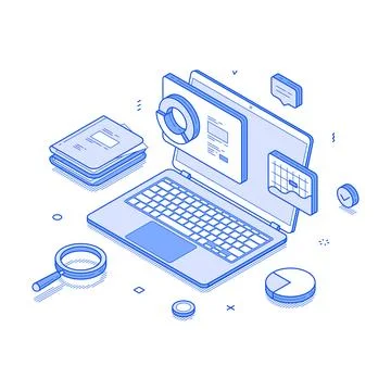 Isometric design featuring a laptop surrounded by charts, reports, and analyt Illustrazione stock