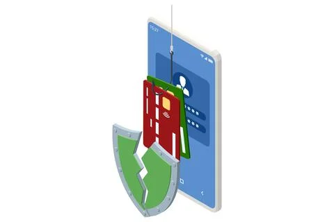 Isometric design showing a smartphone with a dangling fishhook pulling a login 스톡 일러스트