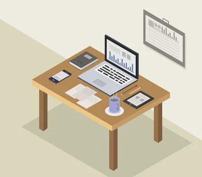 Isometric desk illustrated in vector on white background Illustrazione stock