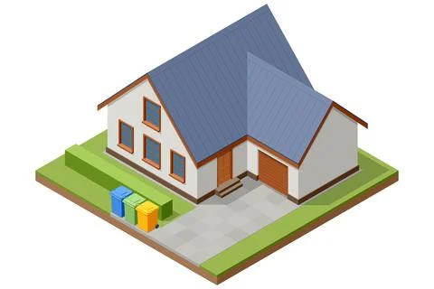 Isometric detached house with sorted waste bin near driveway and green yard in a Stock Illustration