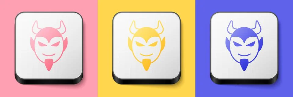 Isometric Devil head icon isolated on pink, yellow and blue background. Happy Stock Illustration