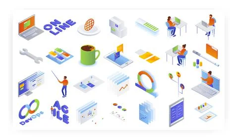 Isometric Devops icon set, vector isolated illustration. Agile software Stock Illustration