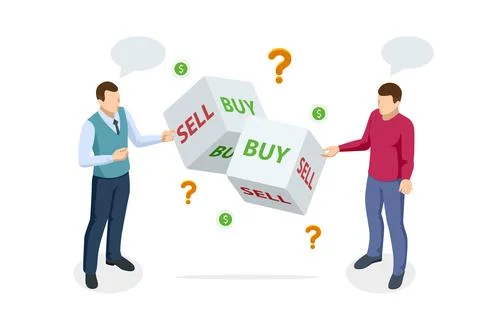 Isometric Dice for indicating buy or sell decisions. The concept of Stock Illustration