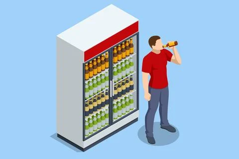 Isometric Different colored bottles and cans with a beer in fridges. Oktoberfest Stock Illustration