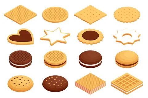 Isometric different cookies on white background. Tasty cookies, Oatmeal cookies Stock Illustration