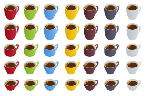 Isometric different types of cups of coffee or tea. Coffee types set, isolated Illustrazione stock