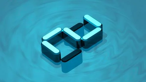 Isometric digit 2 3D render in reflective glass floating on digital water Stock Illustration