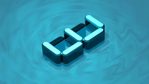 Isometric digit 3 3D render in reflective glass floating on digital water Stock Illustration