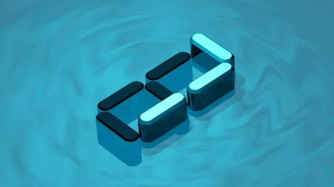 Isometric digit 7 3D render in reflective glass floating on digital water  Stock Illustration