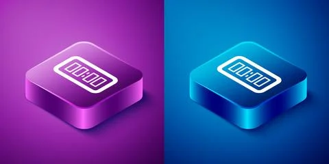 Isometric Digital alarm clock icon isolated on blue and purple background. .. Stock Illustration