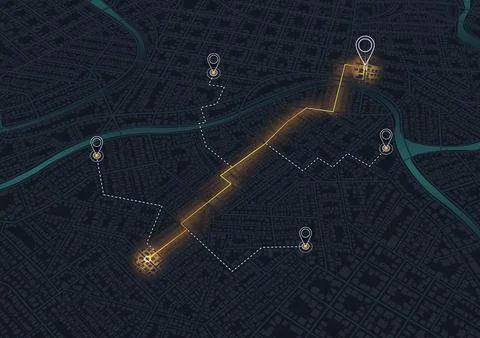 Isometric digital city map with glowing orange navigation path and location pins Stock Illustration