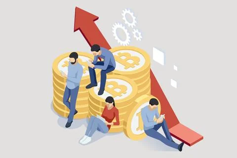Isometric Digital Currency Adoption, Cryptocurrency Exchange, Blockchain Stock Illustration