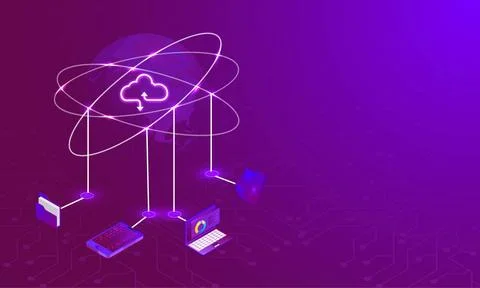 Isometric digital devices connected with cloud server and earth globe on sh.. Stock Illustration