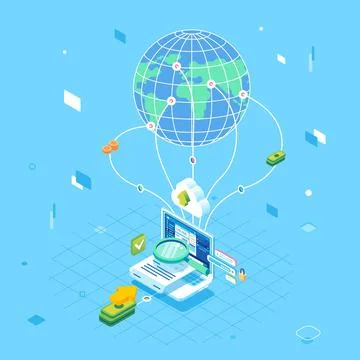 Isometric digital global online cloud transaction, security, transfer fund Stock Illustration