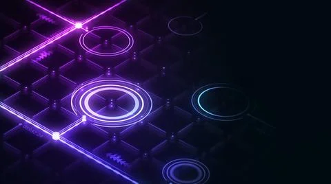 Isometric digital interface with glowing lines and circles 3d render Stock Illustration