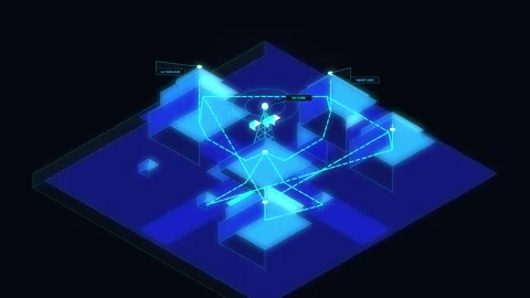 Isometric digital interface hud technology animation loop blue glow data Stock Footage 347204841