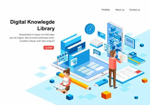 Isometric digital knowledge library with two people character man and women r Stock Illustration