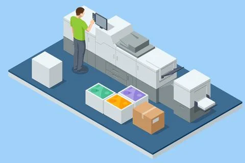 Isometric digital laser printer, Large format printing machine in operation Stock Illustration