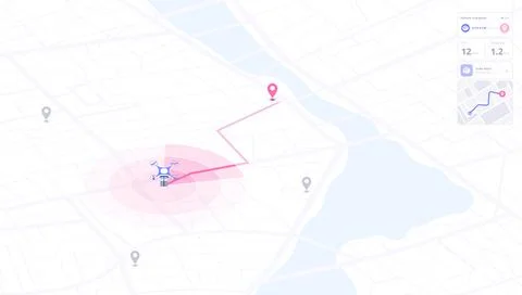 Isometric digital map interface tracking autonomous drone delivery route with Stock Illustration