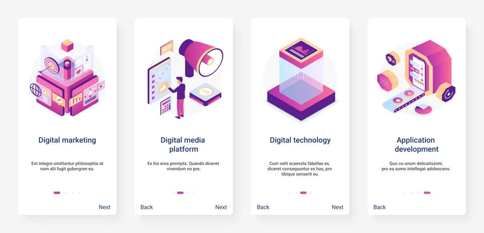 Isometric digital marketing application development UX, UI mobile app page Stock Illustration