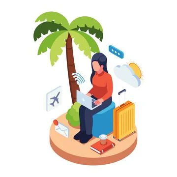 Isometric Digital Nomad Working with Laptop While Traveling Stock Illustration