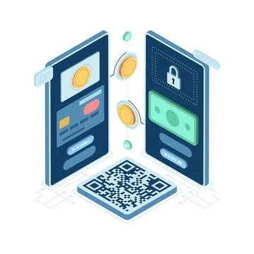 Isometric Digital Payment Security with Mobile Devices and QR Code Stock Illustration
