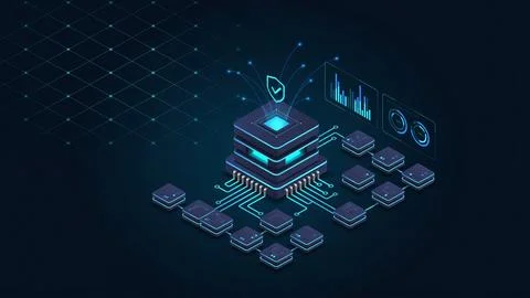 Isometric digital server and computer chip data processing network with glo.. 库存插图