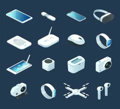 Isometric digital technology device vector illustration. Set with electronic Stock Illustration