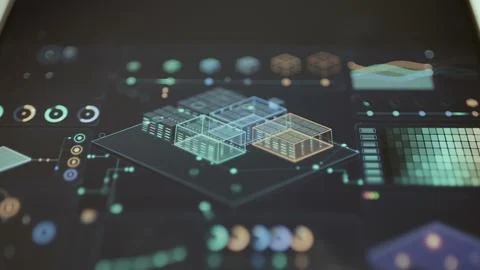 Isometric digital twin of a data center facility combines server rooms Stock Photos