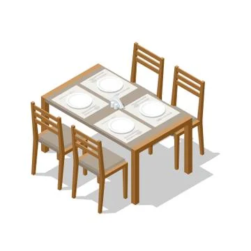 Isometric dining wooden table with four chairs isolated on white. Dinner In Illustrazione stock