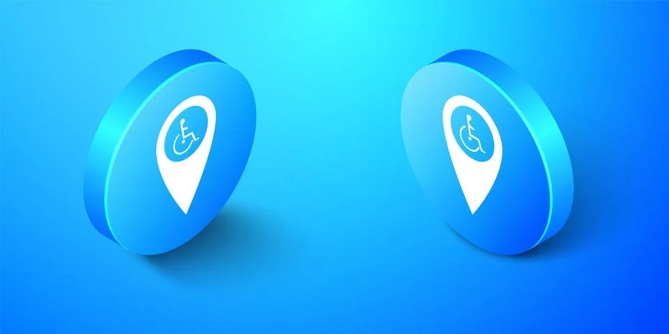 Isometric Disabled Handicap in map pointer icon isolated on blue background 스톡 일러스트