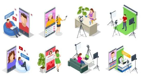 Isometric Display of camera recording video blog for blogger woman or man at Stock Illustration