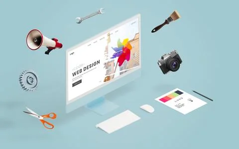 Isometric display surrounded by creative tools like scissors, megaphone 写真素材