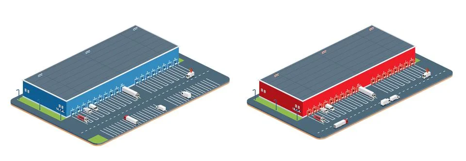 Isometric distribution center warehouse with loading docks and trucks. Illu.. イラスト素材