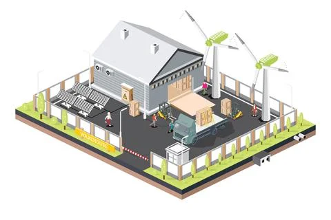 Isometric Distribution Logistic Center with Solar Panels and Wind Turbines... 스톡 일러스트