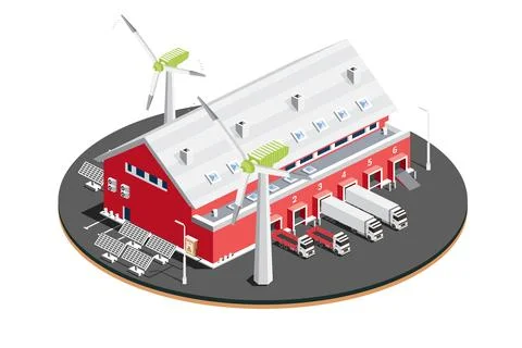 Isometric Distribution Logistic Center with Solar Panels with Wind Turbines.. Stock Illustration