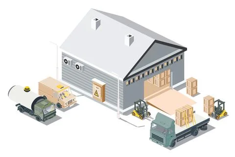 Isometric Distribution Logistic Center. Warehouse Storage Facilities with T.. 스톡 일러스트
