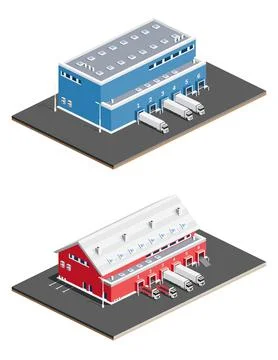 Isometric Distribution Logistic Center. Warehouse Storage Facilities with T.. 스톡 일러스트
