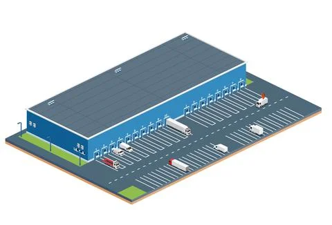 Isometric distribution logistics center with trucks and delivery vans. Ware.. Stock Illustration
